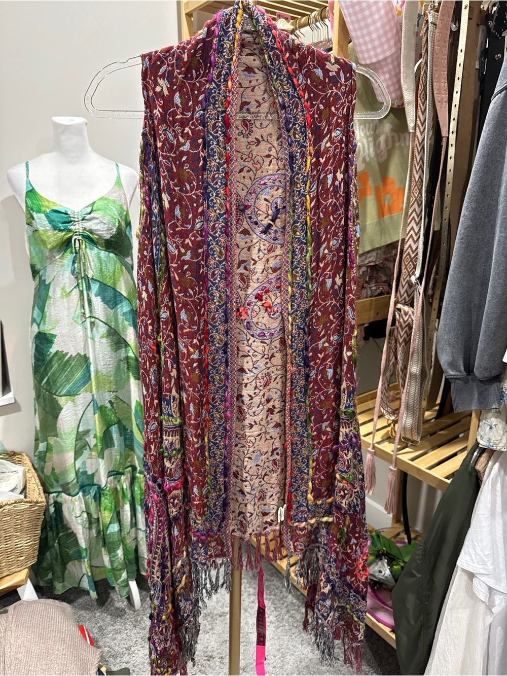 Raj Burgundy Floral Fringe Maxi Cardigan with Multicolor Accents - Picture 2 of 7